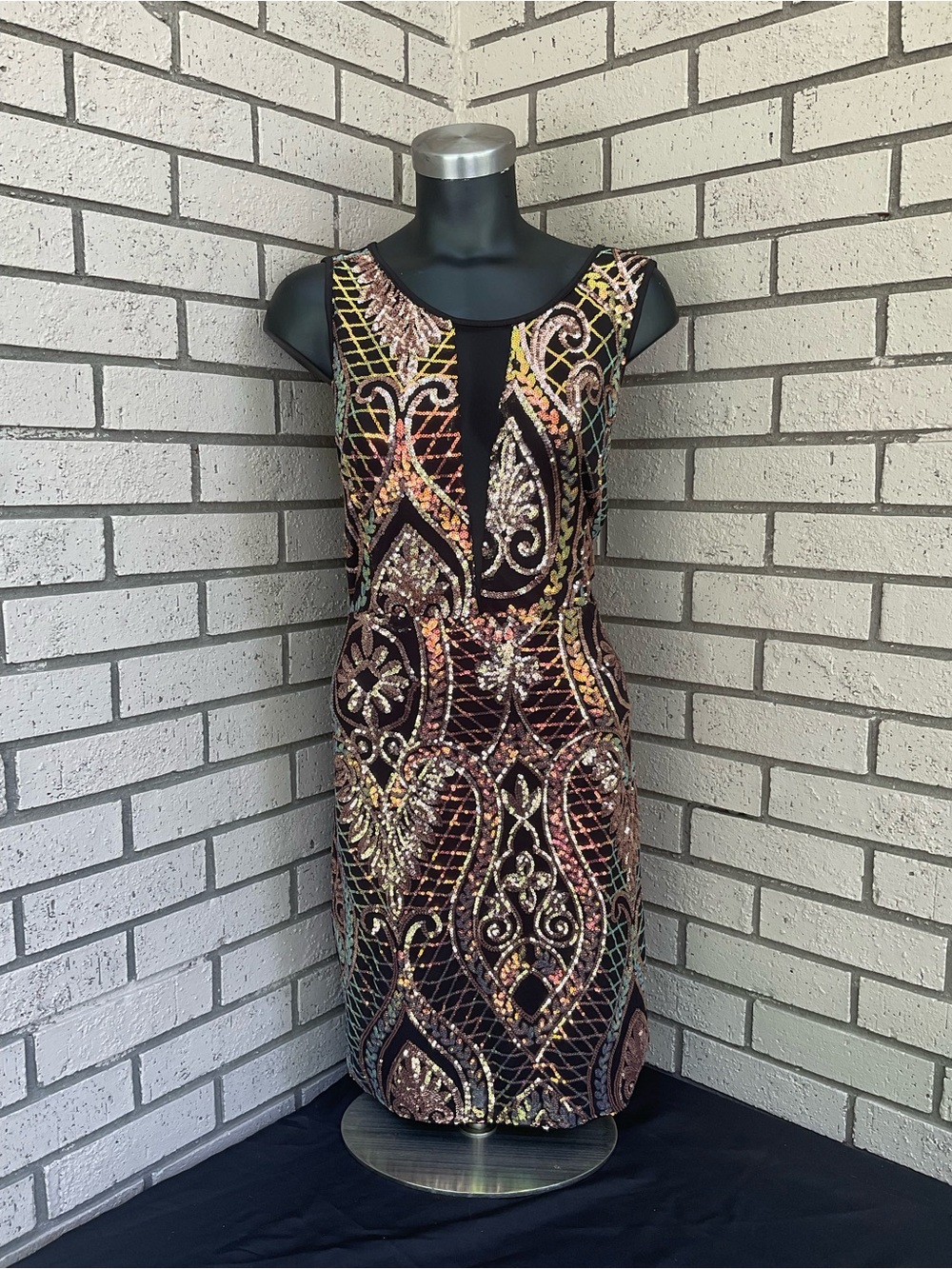 Haute Monde Black Midi Dress with Multicolor Sequin Embellishment